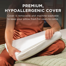 Tempur-Pedic neck pillow care scene showing easy cleaning
