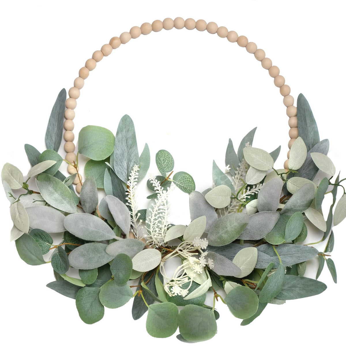 TEMPUS 16inch eucalyptus wood bead wreath on front door for year-round farmhouse charm