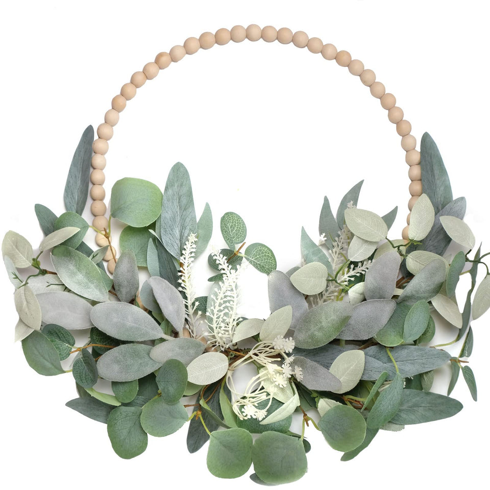 TEMPUS 16inch eucalyptus wood bead wreath on front door for year-round farmhouse charm