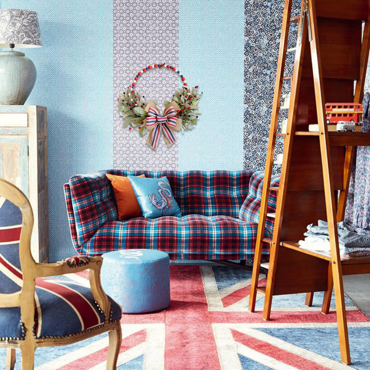TEMPUS independence wreath wall or fireplace setup adds patriotic charm.