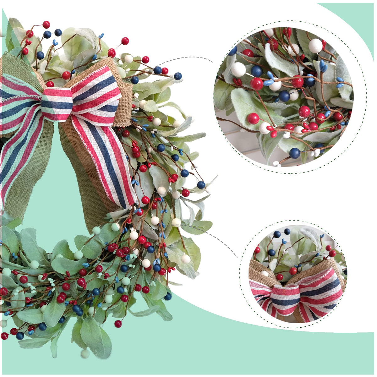 TEMPUS wreath berries red white blue highlight festive color accents for entryways.