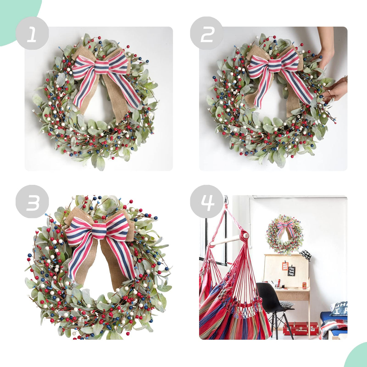 TEMPUS burlap bow emphasizes rustic charm for July 4th celebrations.