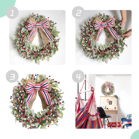 TEMPUS burlap bow emphasizes rustic charm for July 4th celebrations.