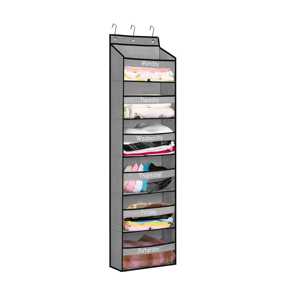 TEMUORG weekly clothes organizer with six layers hanging on door, keeps outfits organized.