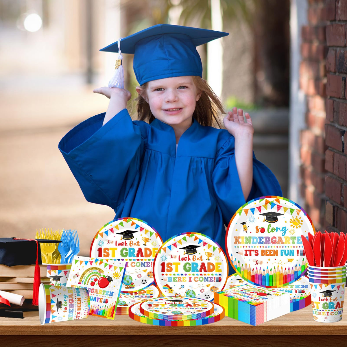TEMYAXU Look Out 1st Grade plates showcase a playful milestone for the party.