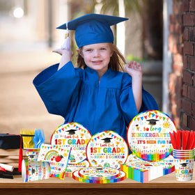TEMYAXU Look Out 1st Grade plates showcase a playful milestone for the party.