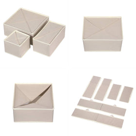 Tenabort 12-piece beige collapsible bin set for closet and shelf organization.