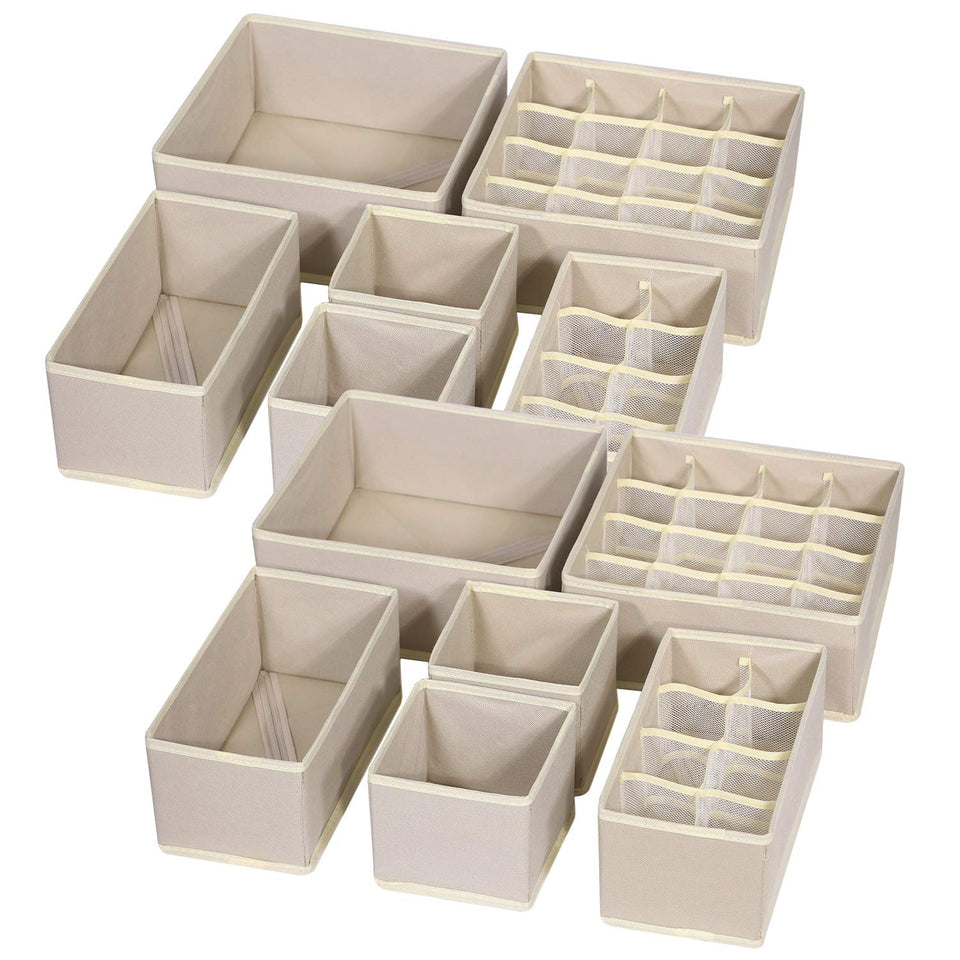 Tenabort beige foldable drawer organizers neatly arranged on a dresser top for clutter-free storage.