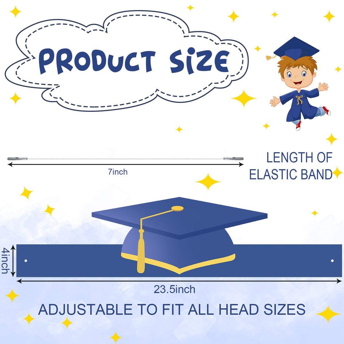 Tenare blue graduation hat side view showing adjustable fit for kids