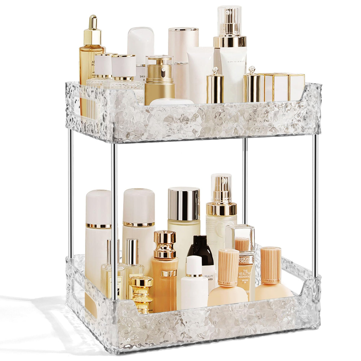 TENDER EPOCH 2-Tier bathroom organizer, clear top view, keeps cosmetics neatly accessible.