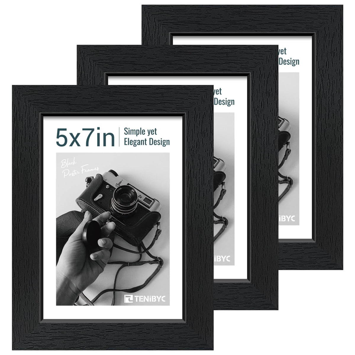 TENIBYC 5x7 frame front view in black woodgrain showcases memories with refined protection.
