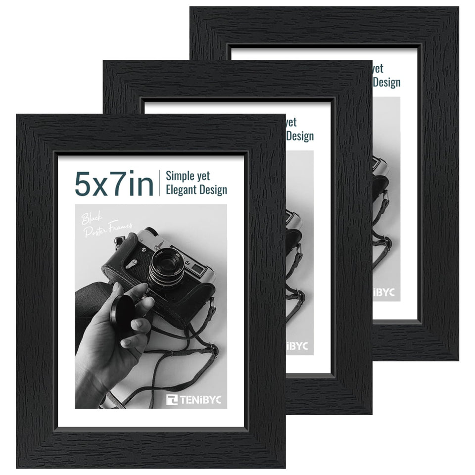 TENIBYC 5x7 frame front view in black woodgrain showcases memories with refined protection.