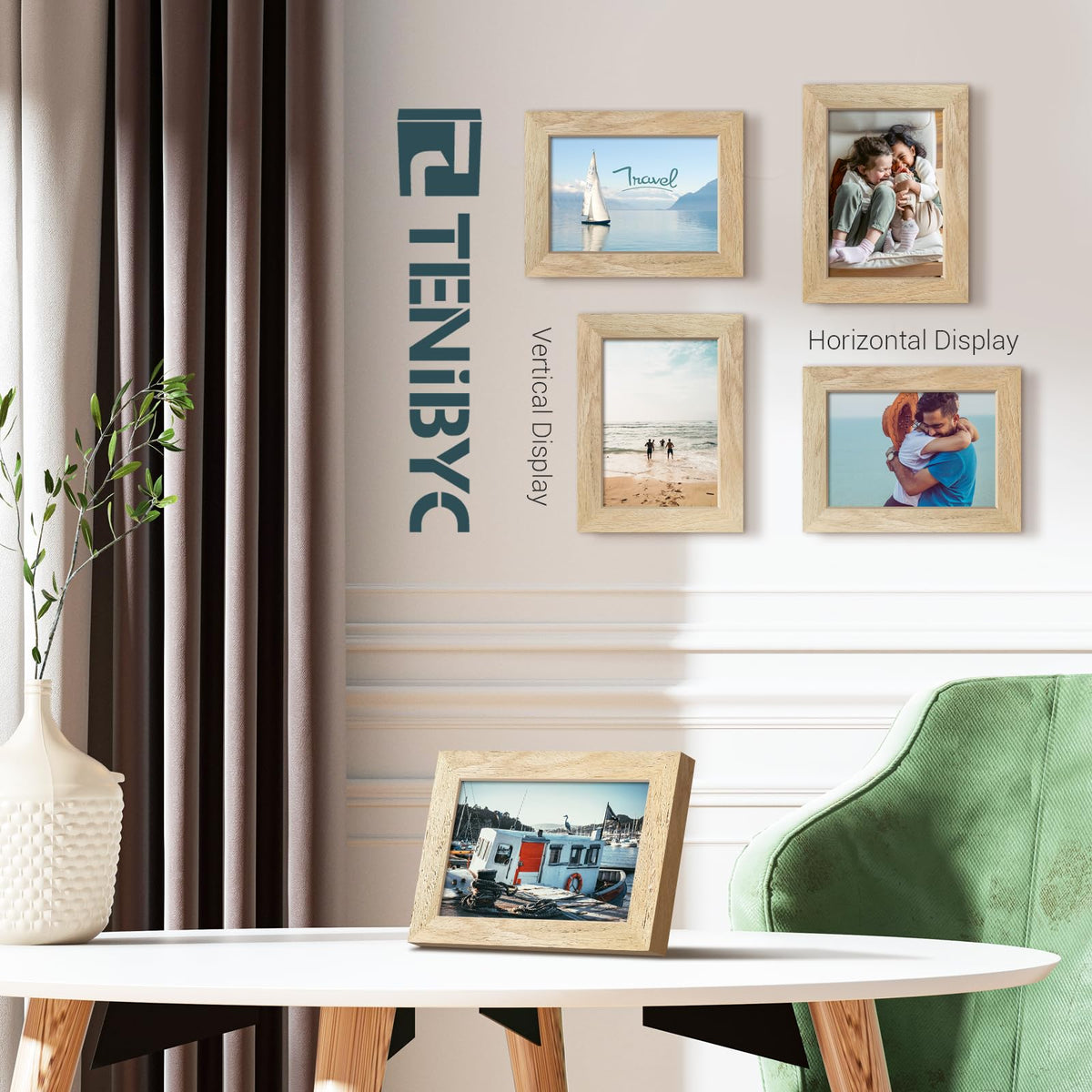 TENIBYC 5x7 frame fits 5x7 or 7x5 photos for versatile display.