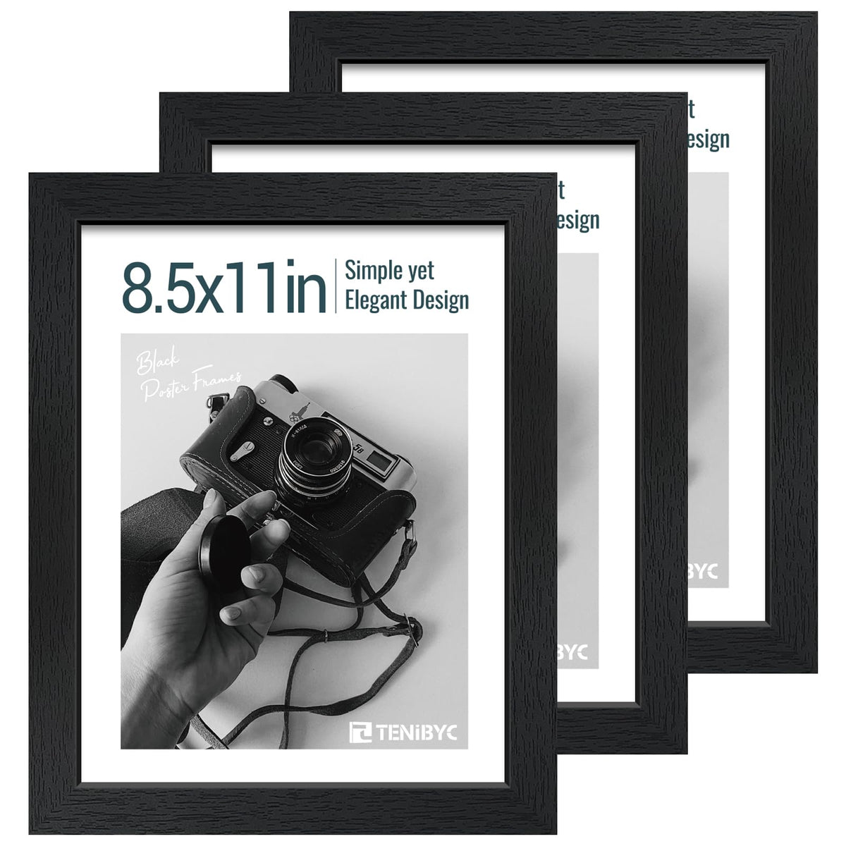 TENIBYC 8.5x11 black woodgrain frame front view for wall or table display.
