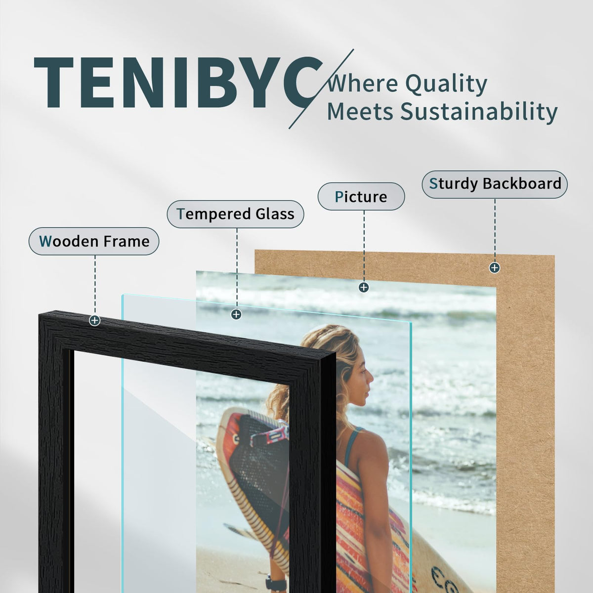 TENIBYC wall or table display supports vertical or horizontal orientation.