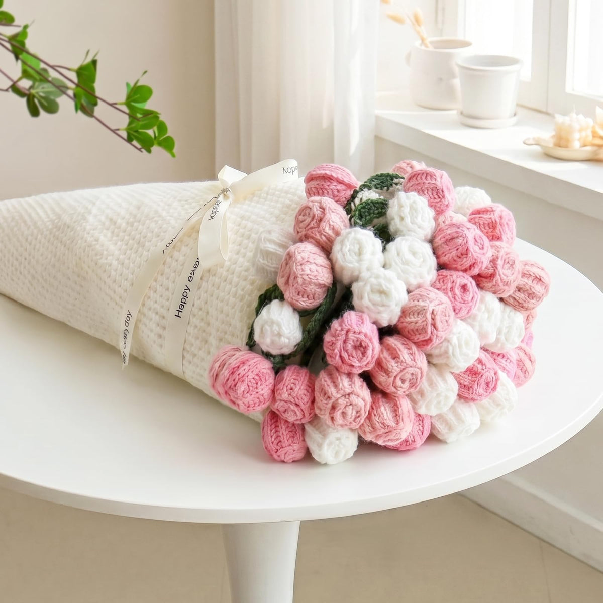 Tenn Well crochet bouquet blanket in pink and white roses, ready-to-gift keepsake.