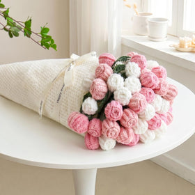 Tenn Well crochet bouquet blanket in pink and white roses, ready-to-gift keepsake.