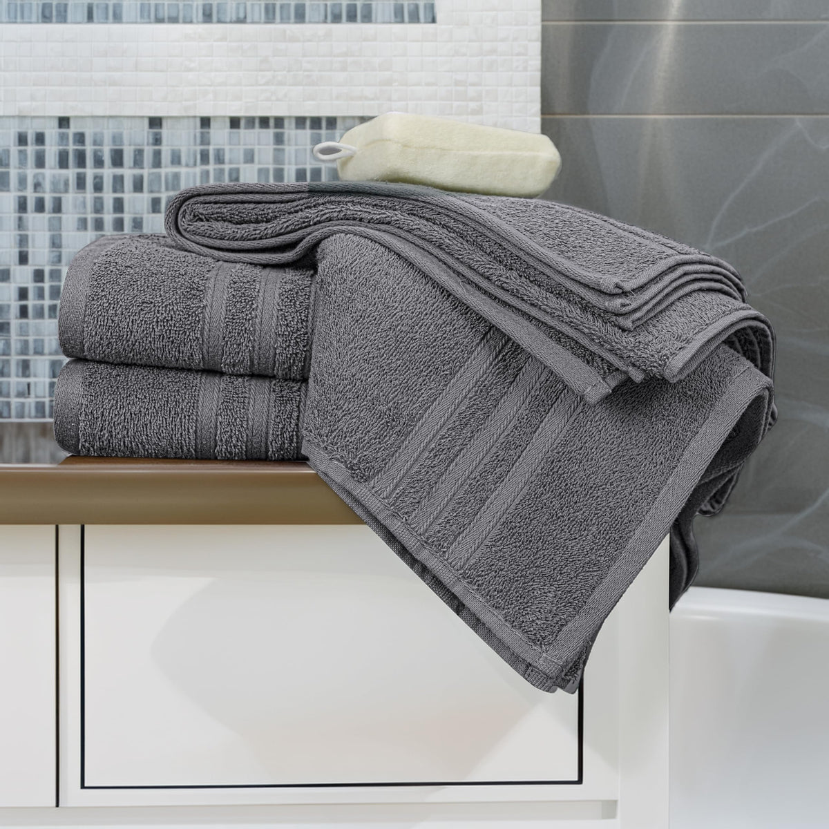 Tens Towels on bathroom rack in dark grey for daily use.