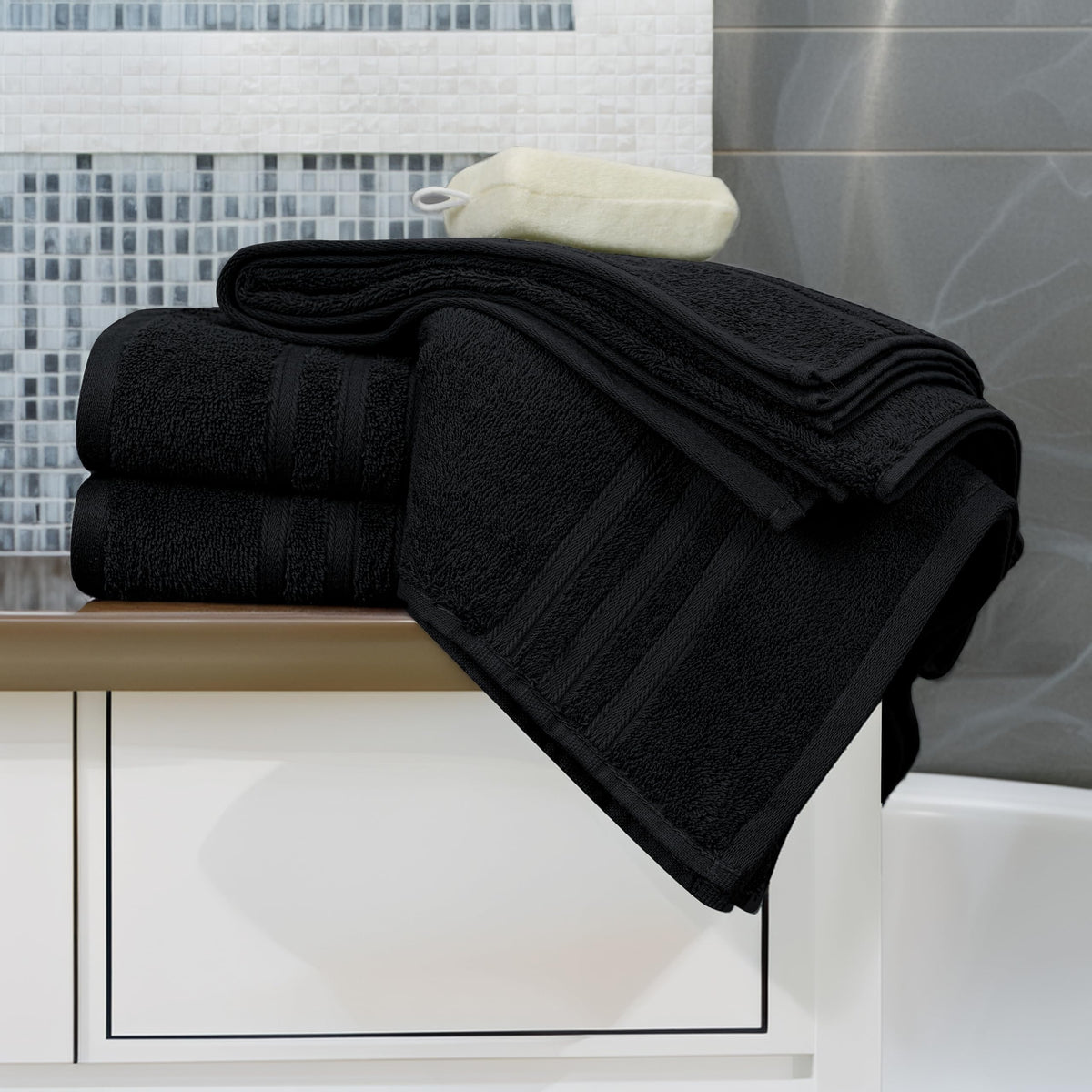 Tens Towels bathroom setup with towels neatly on a rack