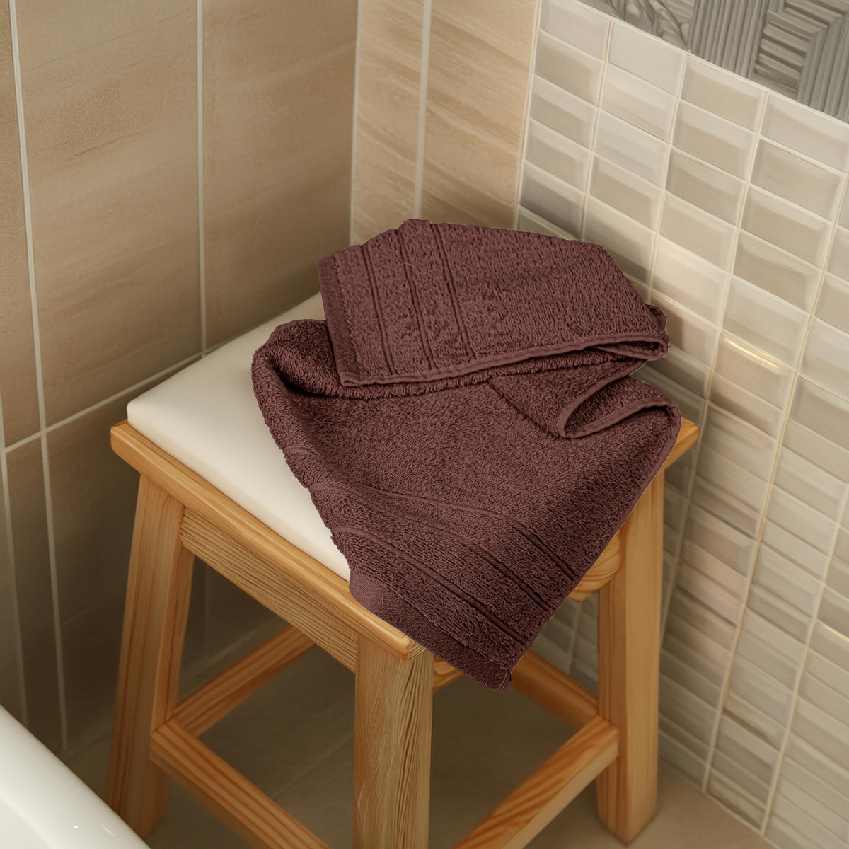 Tens Towels-pack-display-brown-towels ready for organized storage in bathroom.