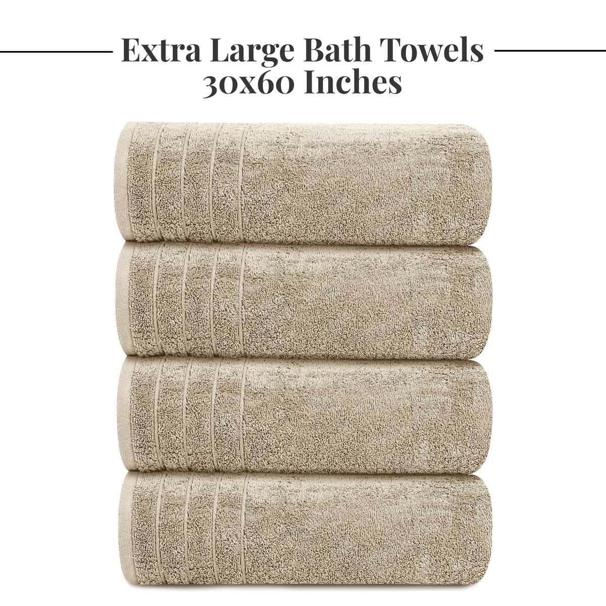 Tens Towels beige towels folded neatly highlight large dimensions and elegant color.