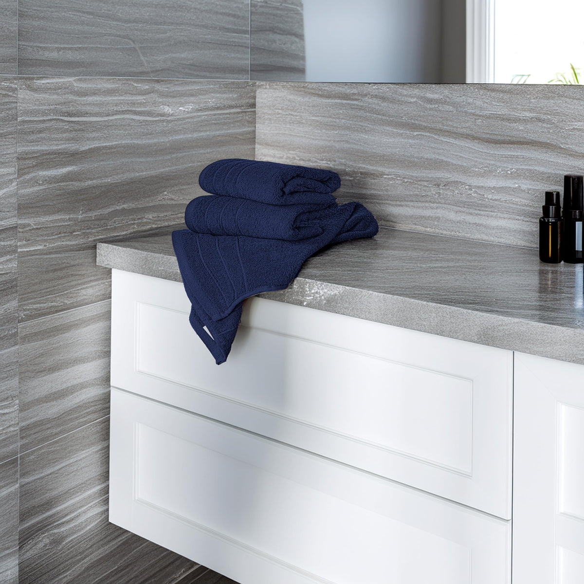 Tens Towels navy 6-pack stacked for convenient bathroom and kitchen use.