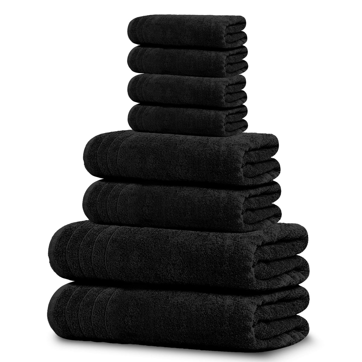Tens Towels pack of eight laid out for a full bathroom set, ready for daily use