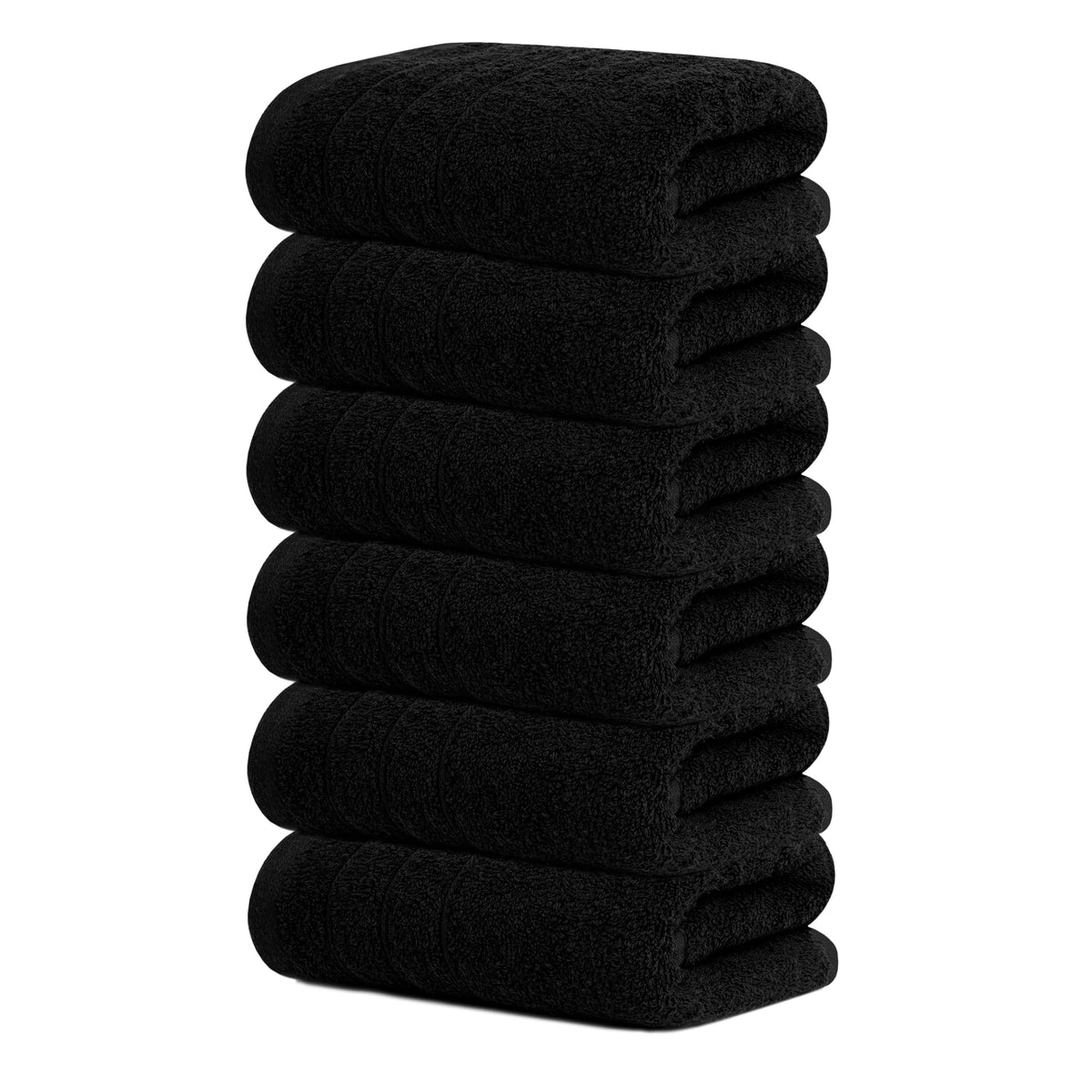 Tens Towels six-pack black hand towels, soft and absorbent.