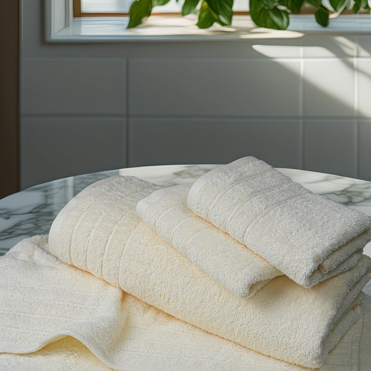 Tens Towels on a bathroom rack highlight coordinated cream tones.
