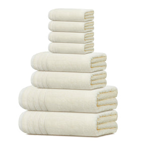 Tens Towels eight-piece set with extra-large bath towels in cream for quick drying.