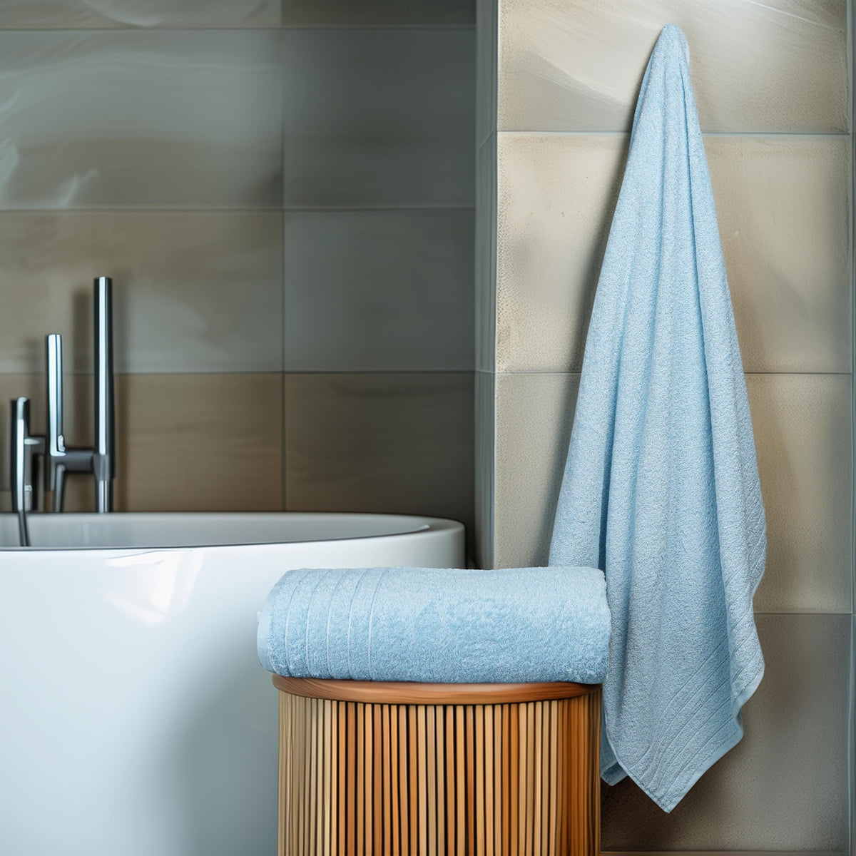 Tens Towels sky blue color highlights bathroom decor and visibility.
