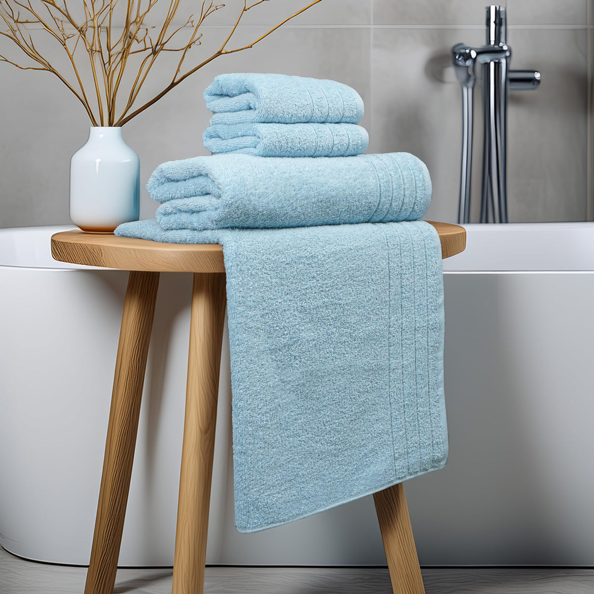 Tens Towels sky blue tone complements modern bathroom.
