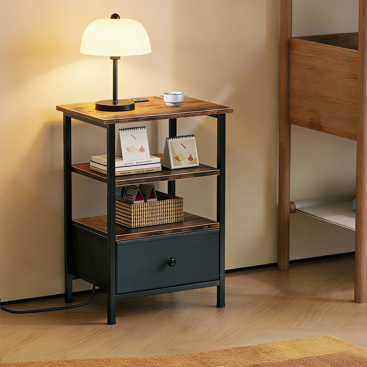 Tensirock end table in living room for lamp and cup storage
