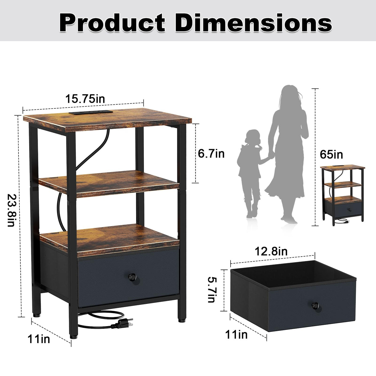 Tensirock nightstand with sturdy metal frame and wooden shelves for stability