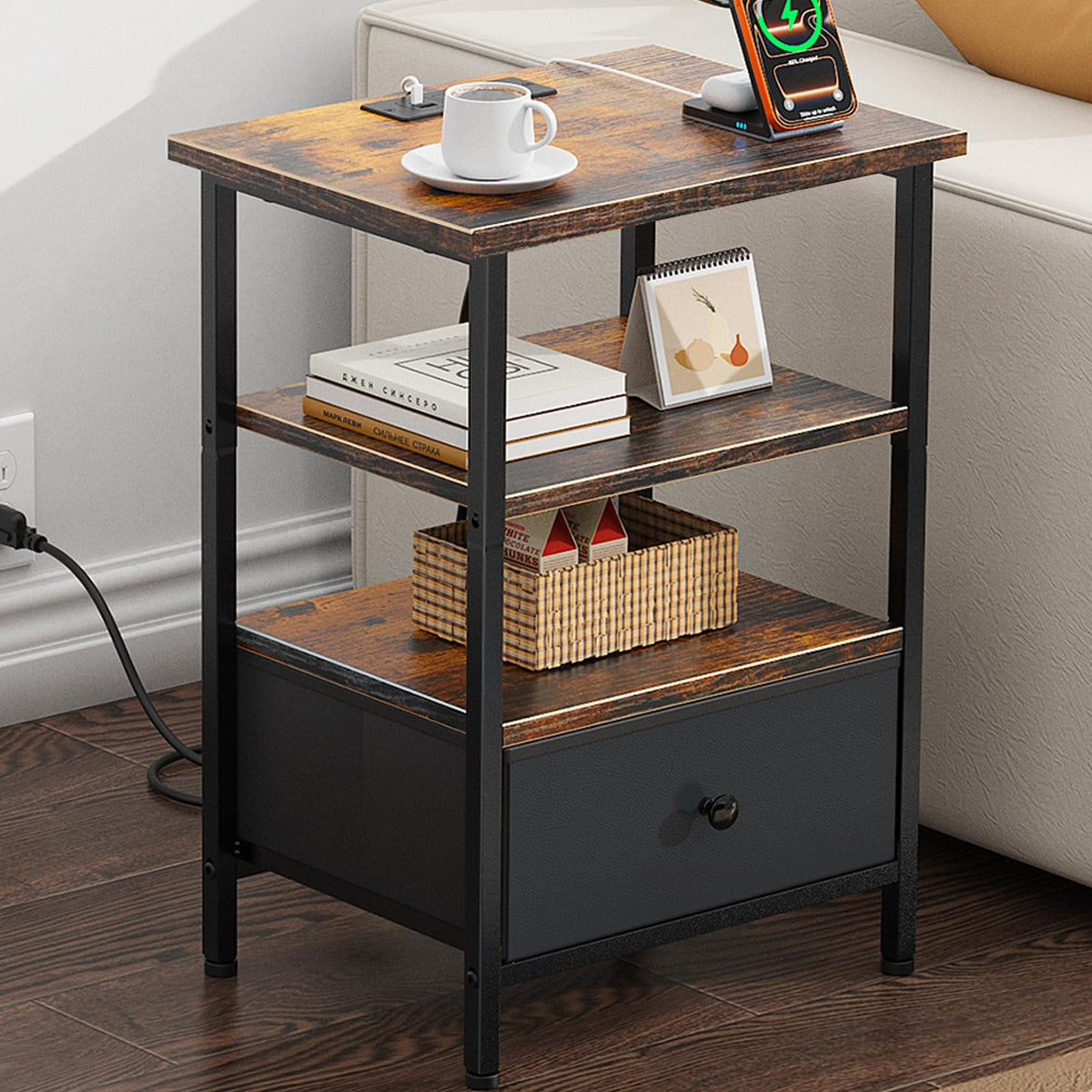 Tensirock side table with charging station for convenient device charging