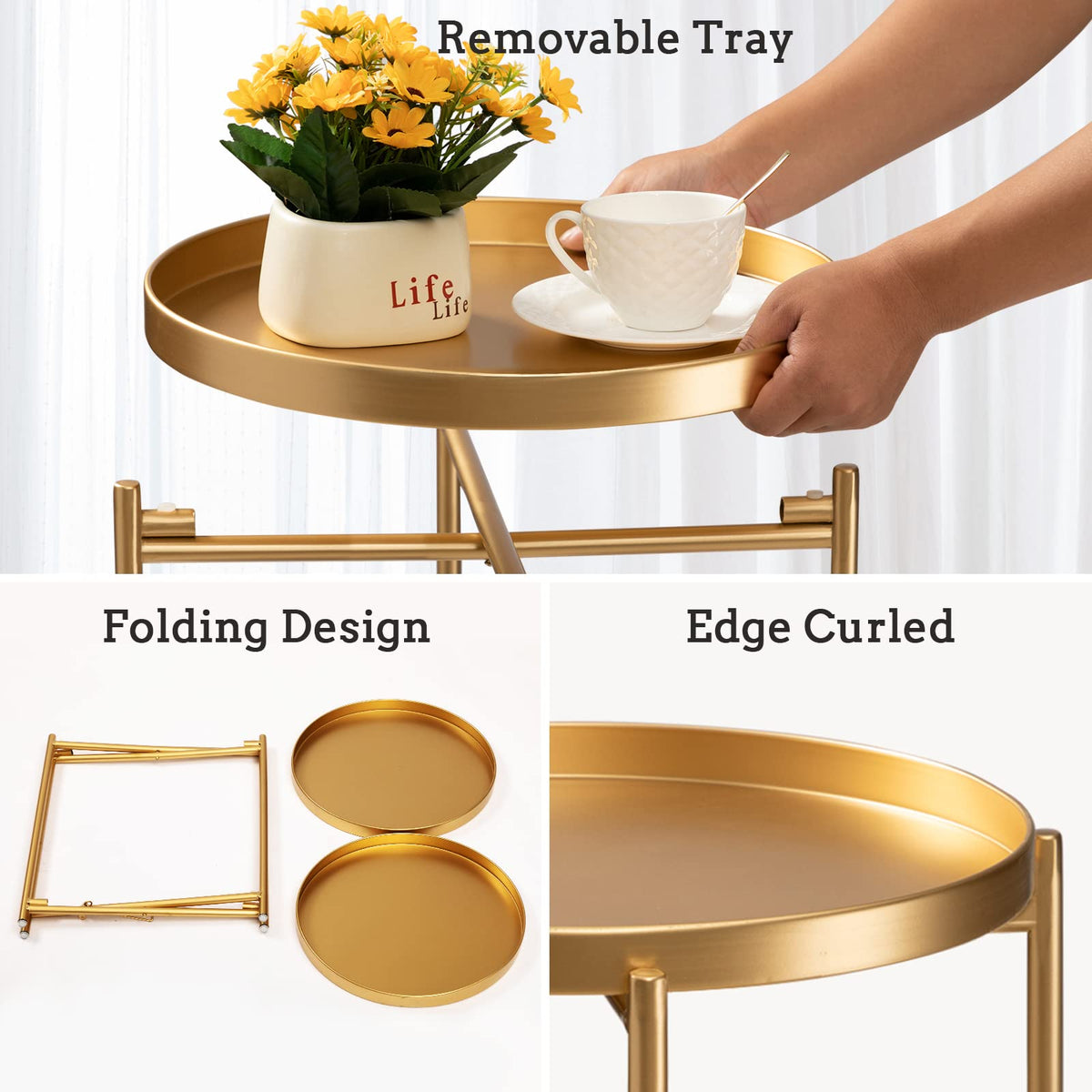 TeoKJ 2-Tier Gold Side Table close-up on sturdy folding metal frame.