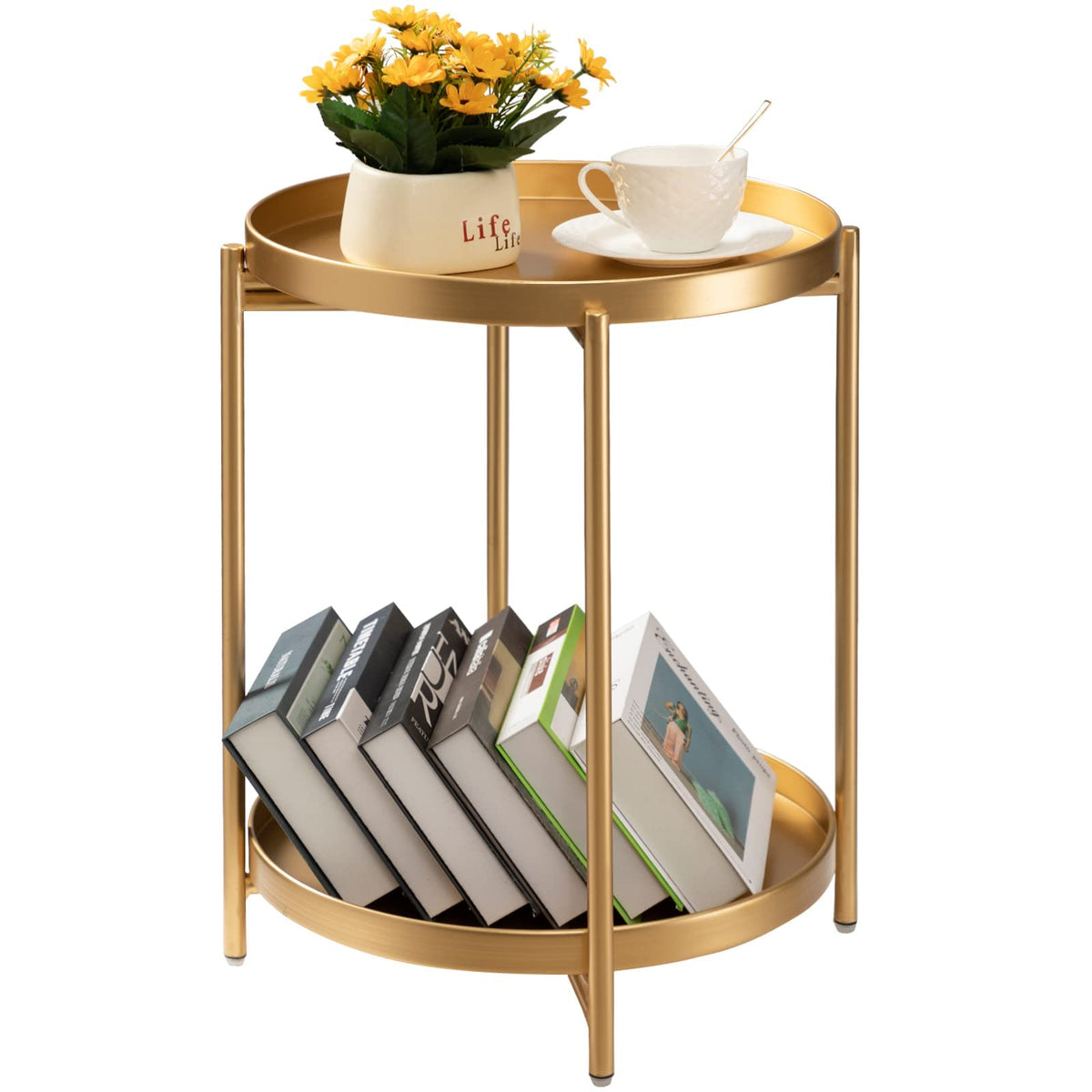 TeoKJ 2-Tier Gold Side Table folded round shape, compact bedside companion.