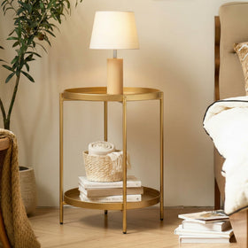 TeoKJ 2-Tier Gold Side Table unfolding round surface, stylish living room accent.