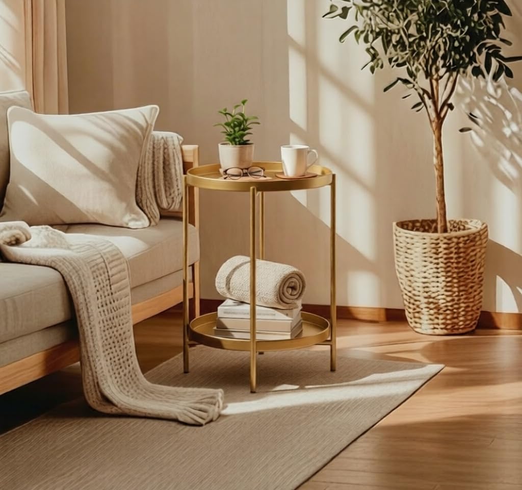 TeoKJ gold side table outdoors-ready finish, rustproof and weather-friendly.