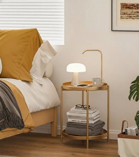 TeoKJ 2-Tier Gold Side Table showing trays with non-slip edges for stability.