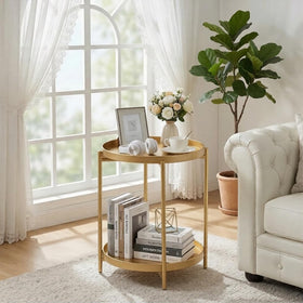 TeoKJ gold end table in living room setup, enhances decor and function.