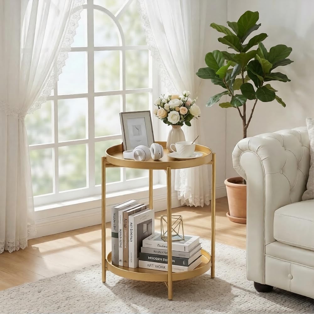 TeoKJ gold end table in living room setup, enhances decor and function.
