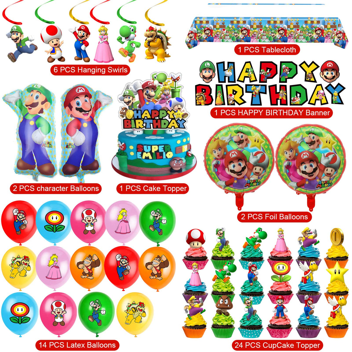 TEOY Mario party balloons, swirls, and toppers add color and playful atmosphere.