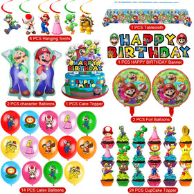 TEOY Mario party balloons, swirls, and toppers add color and playful atmosphere.