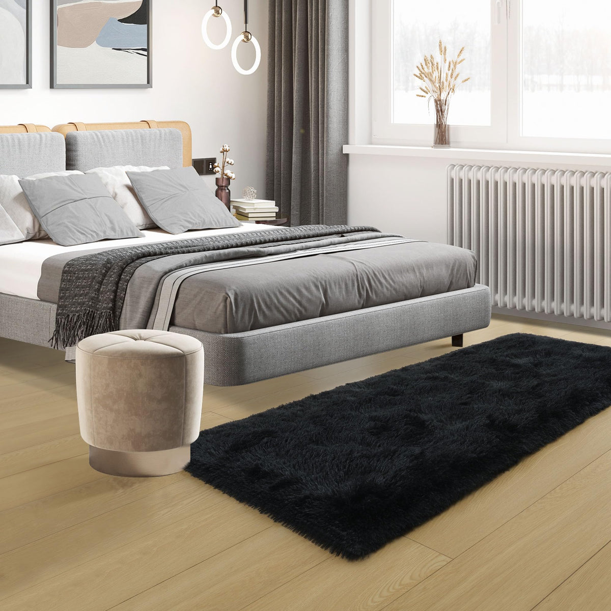 Tepook bedside rug in bedroom adds warmth and quiet ambiance