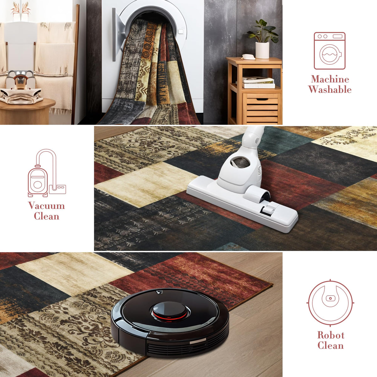 Tepook dining-room rug with low pile for easy vacuuming.