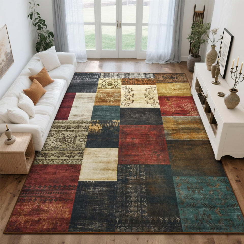 Tepook modern area rug with geometric pattern enhances living room ambience.