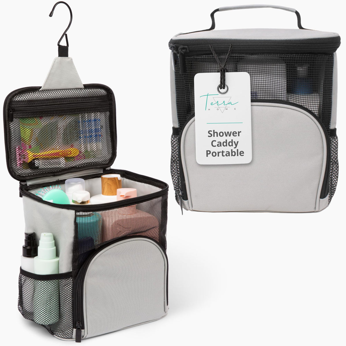 Terra Home portable dorm shower caddy with foldable mesh tote keeps toiletries organized on the go.