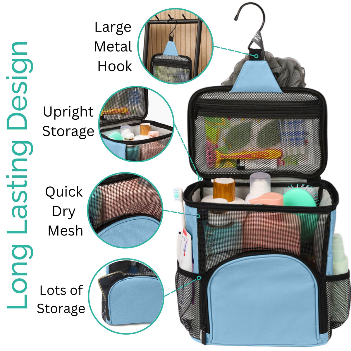 TERRA HOME shower caddy front pocket keeps small items within reach.