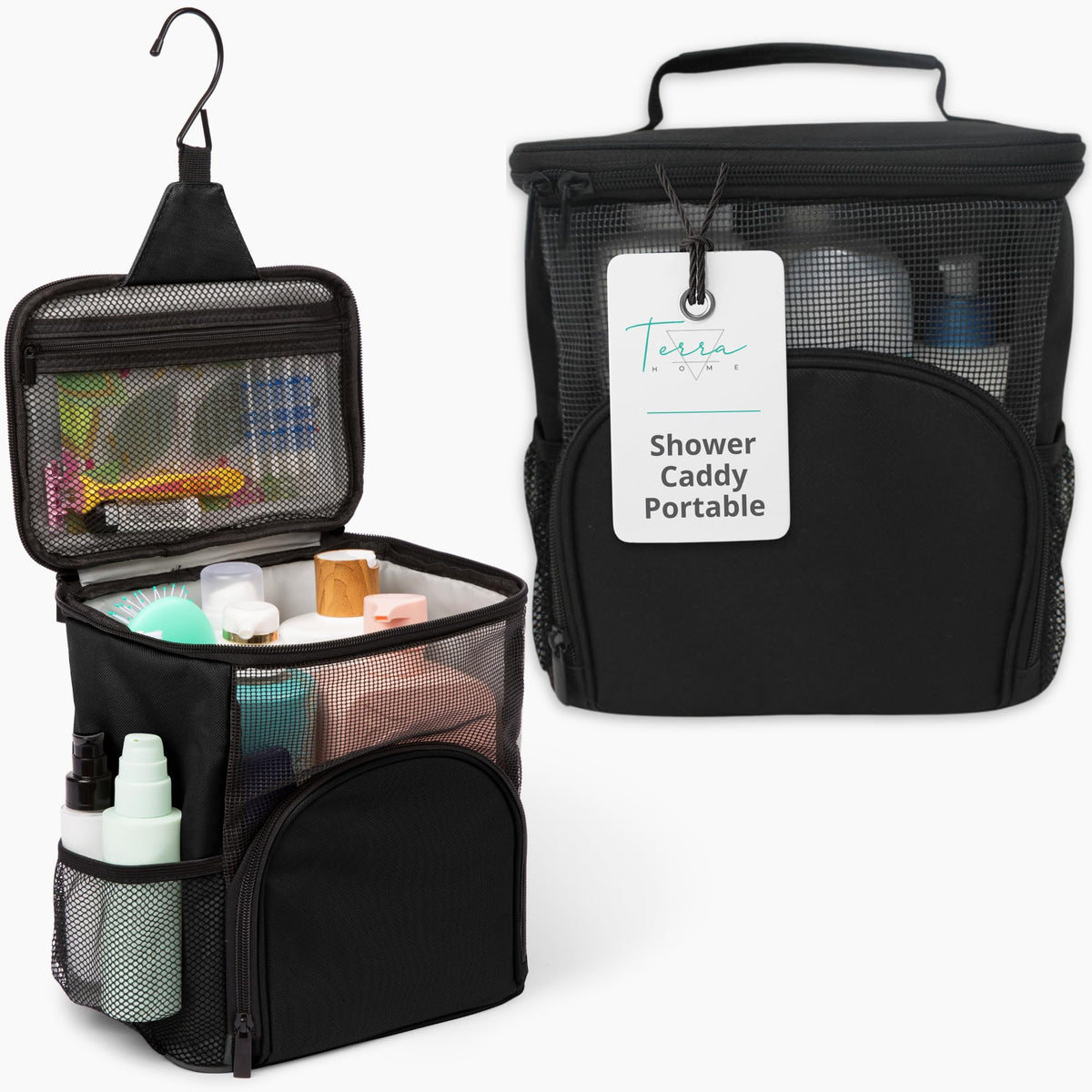 TERRA HOME portable shower caddy folded for compact dorm storage and portability
